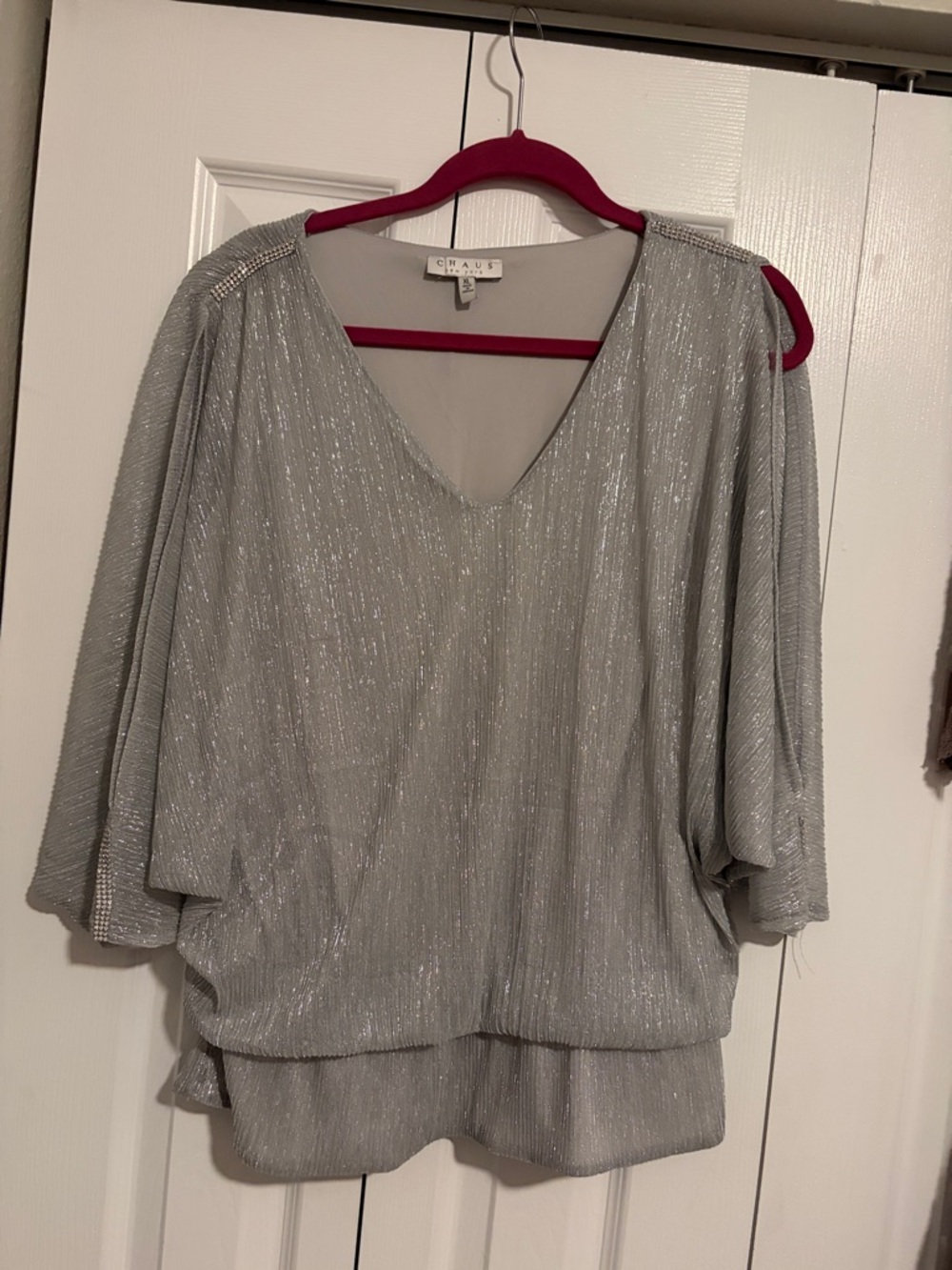Chaus Silver Metallic V-Neck Dolman Sleeve Blouse